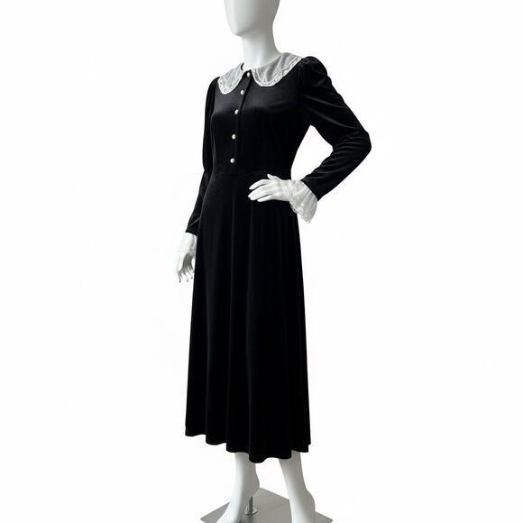 Simple Retro Black Velvet Dress White Lace Peter Pan Collar Wednesday Midi Med - Picture 1 of 12